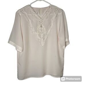 Cathy Che Boho Blouse Womens 14 ￼ Peasant ￼Crochet ￼White Lace Beads Keyhole Top